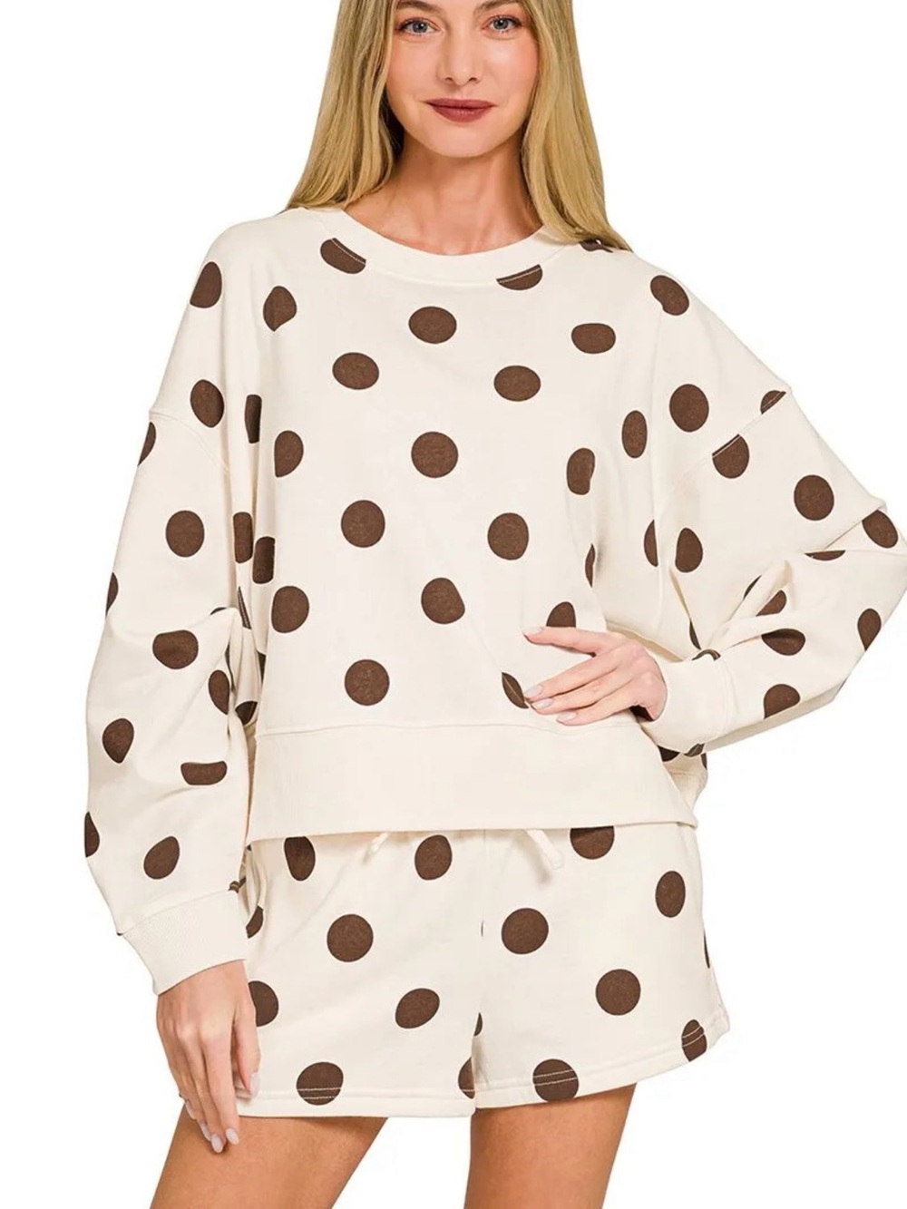 Zenana Outfitters Cream Sweatshirt with Brown Polka Dots